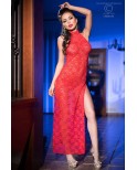 Robe longue fendue dentelle rouge - Chilirose Robe longue fendue dentelle rouge - Chilirose