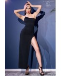 Robe longue une bretelle fendue noire - Chilirose Robe longue une bretelle fendue noire - Chilirose