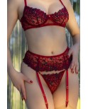 Lingerie rouge à broderies avec bas - Chilirose