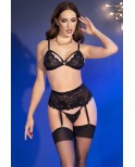 Ensemble noir 4 pièces en dentelle et bas - Chilirose