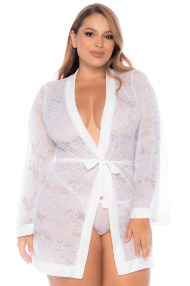 Peignoir grande taille en dentelle blanche - MAL7611XWHT