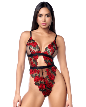 body résille et broderie florale rouge